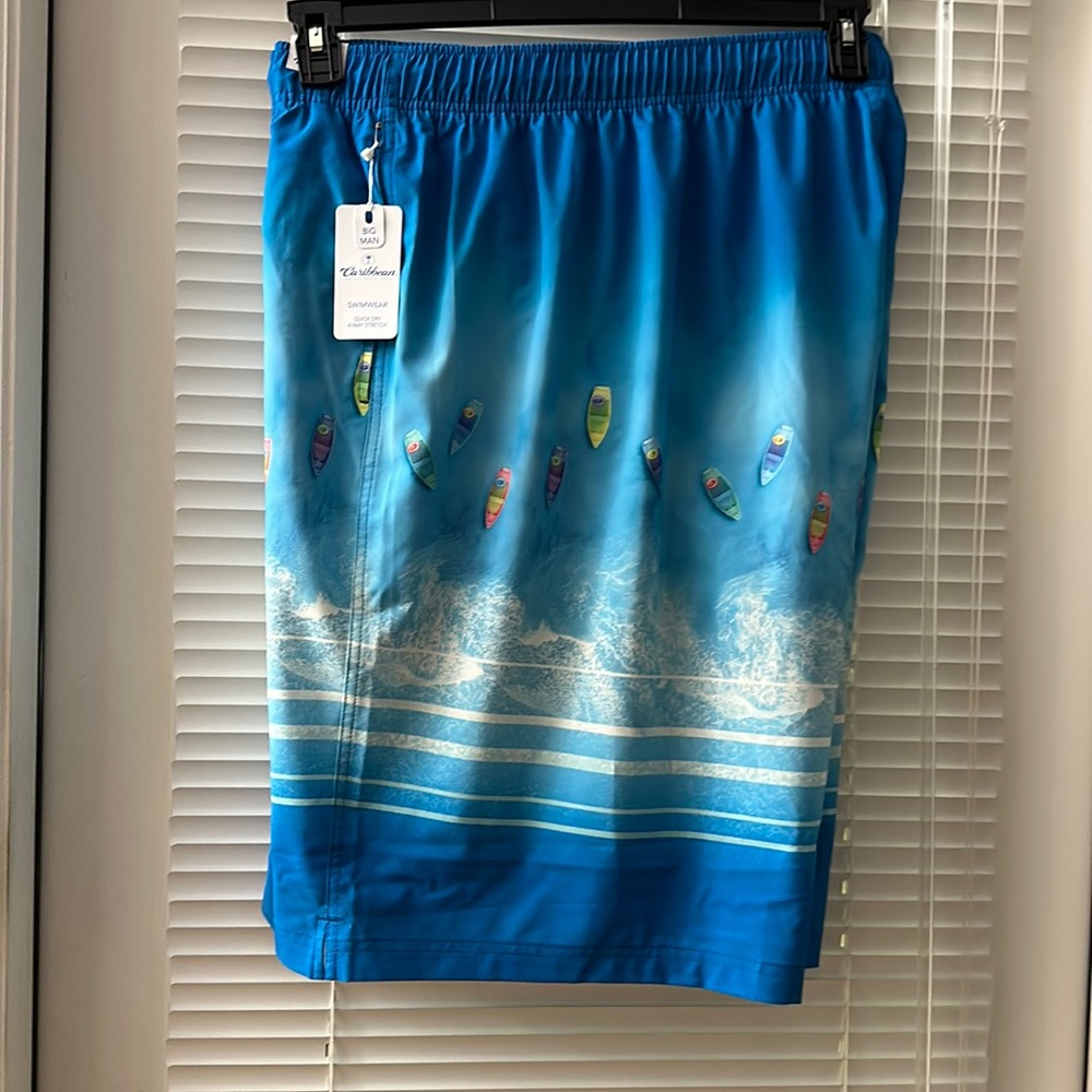 Caribbean Big Man Blue Boats in Water Themed 9" Inseam Stretch Swim Trunks 4XB